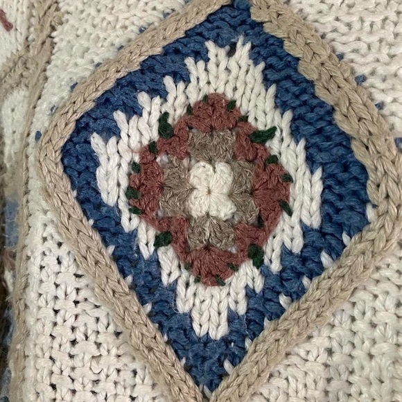 Vintage 90s Women’s Patchwork Fisherman Sweater Hand Knit M Boho Coastal Grandma - Picture 6 of 8